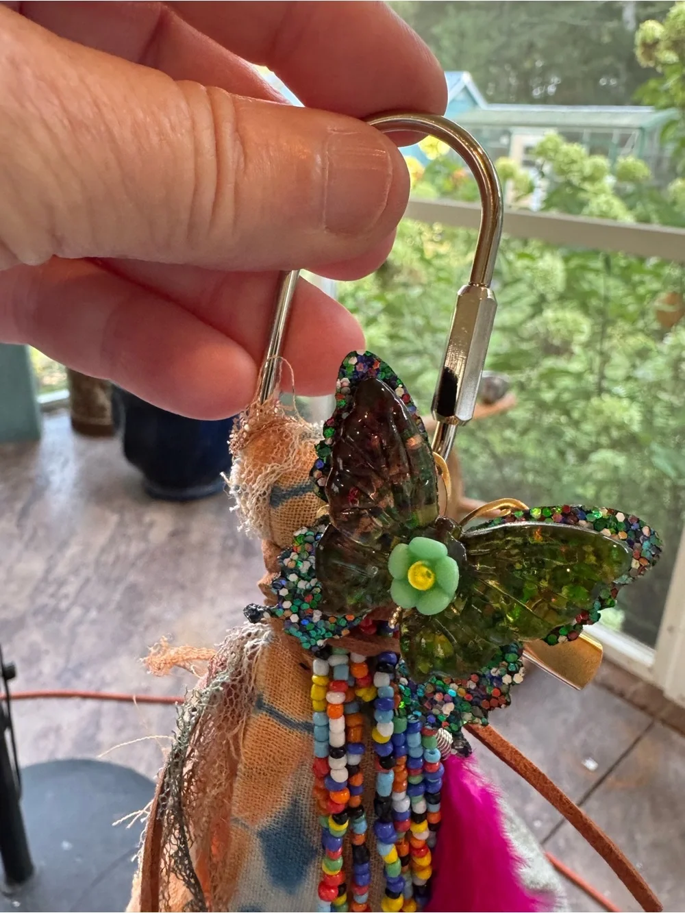 Boho Feather & Fabric Keychain Charm in Orange and Blue